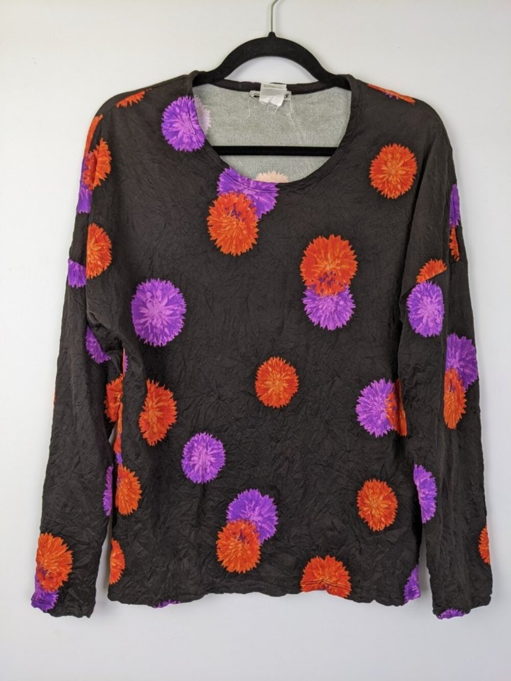 Issey Miyake Black Floral Top Shirt Scoop Neck Long Sleeve Womens Size Medium